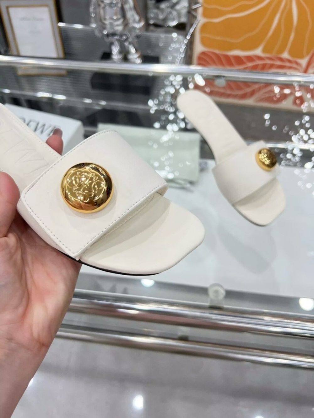 Loewe Cream Leather Slide Mules with Gold Medallion - Picture 4 of 7